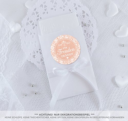 Freuden Tränen Taschentücher Set zur Hochzeit Groß 48 Sticker + 48 weiße Flachbeutel - 63 x 93 mm für Freudentränen Taschentuch Verpackungen Aufkleber mit Ornamente in APRICOT von fioniony