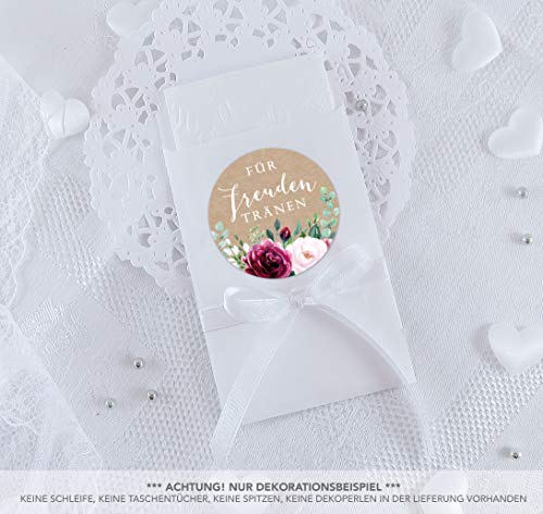 Freuden Tränen Taschentücher Set zur Hochzeit Groß 48 Sticker + 48 weiße Flachbeutel 63x93 mm Freudentränen Taschentuch Verpackung BOHO HIPPIE ROSEN EUKALYPTUS BLATT KRAFTPAPIER LOOK ROT ROSA von fioniony