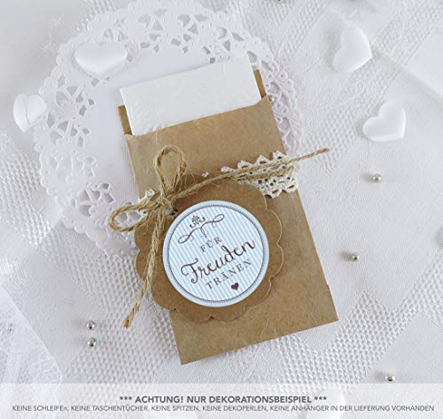 Freuden Tränen Taschentücher Set zur Hochzeit Klein 24 Sticker + 24 braune Flachbeutel - Kraftpapier - 63 x 93 mm Wedding Freudentränen Taschentuch Verpackungen Aufkleber BLAU RETRO VINTAGE STYLE von fioniony