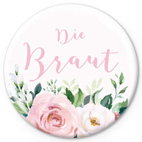 Junggesellenabschied Button Die Braut Rosen Eukalyptus Zweige ROSA Weiß Grün JGA Buttons zur Hochzeit BOHO Party Trauung Nadelbutton Anstecker Ø 50 mm Matt von fioniony