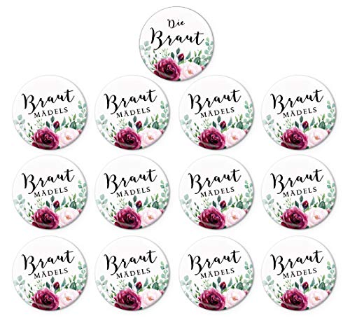 Junggesellenabschied Button Set 1 x Die Braut + 12 x Brautmädels Rosen Eukalyptus Zweige ROT Weiß Grün JGA Buttons zur Hochzeit BOHO Party Trauung Nadelbutton Anstecker Ø 50 mm Matt von fioniony