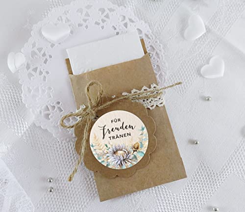 Set Freudentränen Eukalyptus Trockenblumen beige braun Hochzeit 48 Sticker Aufkleber + 48 Flachbeutel 63 x 93 mm für Taschentücher Verpackung (Tüten + Sticker Eukalyptus Trockenblume beige grün braun) von fioniony