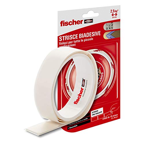 Fischer NTJH Doppelseitiger Klebestreifen, vorgeschnitten, doppelseitiges Klebeband, bis zu 2,5 kg pro Streifen, bequem zum Befestigen von Bilderrahmen, Schildern, Postern, Rolle mit 19 Streifen, 22 x von fischer