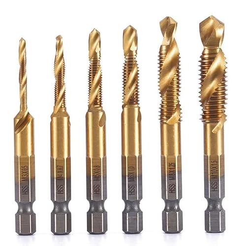 6 teilig HSS Kombi Gewindebohrer Bit Satz, Fixinus 1/4'' Schraube Sechskantschaft Senker Werkzeuge Bohrer Bit Set Maschinengewindebohrer Drill Bits Satz Edelstahl M3, M4, M5, M6, M8, M10 von Fixinus