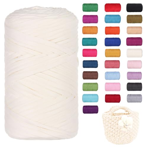 FIYSON 400g/120m T-Shirt Garn, T-Shirt Bändchengarn Zum Häkeln, Strickgarn, Häkelgarn, Stoff Dickes Ribbon Garn für Taschen/Körbe/Decke, Heimdekoration, DIY-Kunsthandwerk (Creme) von fiyson