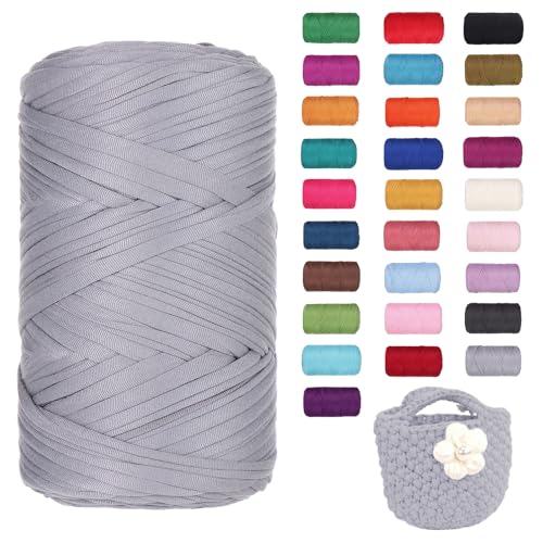 FIYSON 400g/120m T-Shirt Garn, T-Shirt Bändchengarn Zum Häkeln, Strickgarn, Häkelgarn, Stoff Dickes Ribbon Garn für Taschen/Körbe/Decke, Heimdekoration, DIY-Kunsthandwerk (Hellgrau) von fiyson