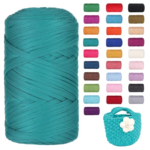 FIYSON 400g/120m T-Shirt Garn, T-Shirt Bändchengarn Zum Häkeln, Strickgarn, Häkelgarn, Stoff Dickes Ribbon Garn für Taschen/Körbe/Decke, Heimdekoration, DIY-Kunsthandwerk (Pfauengrün) von fiyson