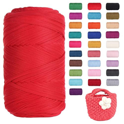 FIYSON 400g/120m T-Shirt Garn, T-Shirt Bändchengarn Zum Häkeln, Strickgarn, Häkelgarn, Stoff Dickes Ribbon Garn für Taschen/Körbe/Decke, Heimdekoration, DIY-Kunsthandwerk (Rot) von fiyson