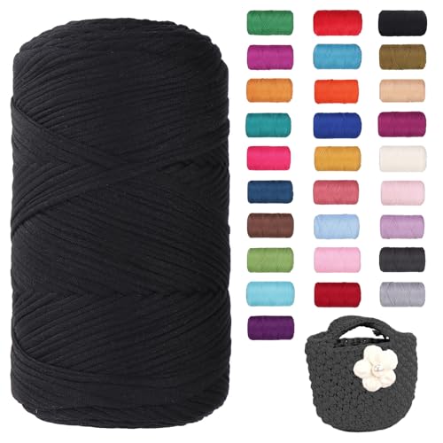 FIYSON 400g/120m T-Shirt Garn, T-Shirt Bändchengarn Zum Häkeln, Strickgarn, Häkelgarn, Stoff Dickes Ribbon Garn für Taschen/Körbe/Decke, Heimdekoration, DIY-Kunsthandwerk (Schwarz) von fiyson