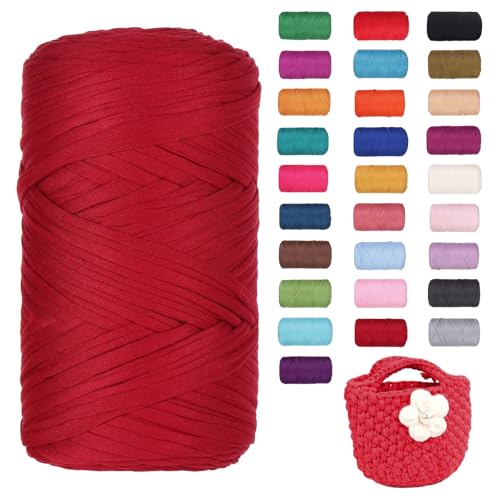 FIYSON 400g/120m T-Shirt Garn, T-Shirt Bändchengarn Zum Häkeln, Strickgarn, Häkelgarn, Stoff Dickes Ribbon Garn für Taschen/Körbe/Decke, Heimdekoration, DIY-Kunsthandwerk (Weinrot) von fiyson