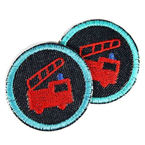 Flicken zum aufbügeln rund Feuerwehr auf blau 2 Bügelbilder 5cm Aufbügler für Jungs kleine Bügelflicken Patches als Applikationen und Accessoires für Kinder und Kleidung von Wertstueck Flickli