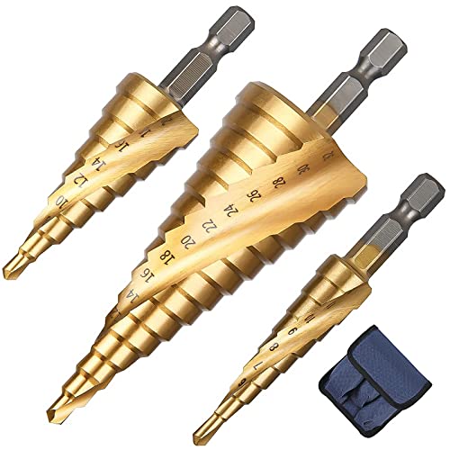 Flintronic HSS Stufenbohrer, 3-tlg Stufenbohrer Set, Schälbohrersatz, Exact Spiralnut Kegelbohrer, 4 mm bis 12/20/32mm Titanbeschichtet Profi Metallbohrer Bohrer Satz für Metall, Holz, Kunststoff von flintronic