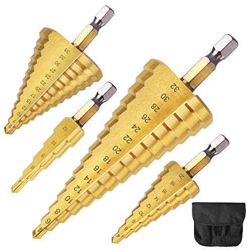 flintronic HSS Stufenbohrer Set 4tlg, Hex Shank Stufenbohrer 4-12/4-20/4-32/5-35mm Dreieckiger Metallbohrer, Kegelbohrer Titanbeschichtet Schälbohrer Für Metall, Messing,Holz, Kunststoff - Gold von flintronic