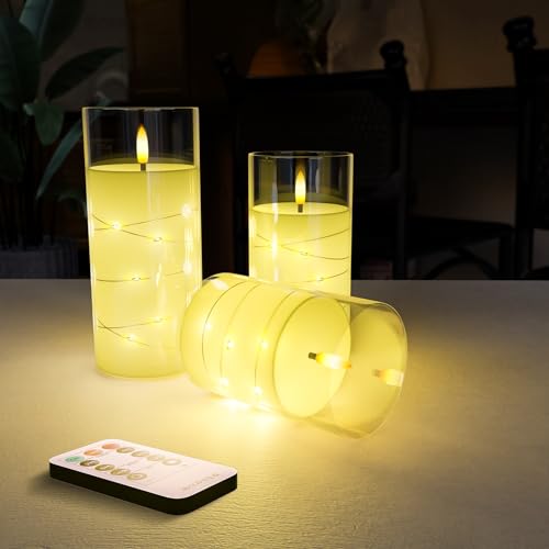 flowgoer LED-Kerzen, Eingebaute Lichterkette, Romantische Lichterkette, mit Fernbedienung und Brauchen Batterie, 3er Set(weiß) von flowgoer