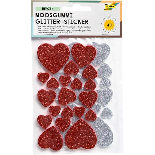 Folia Moosgummi Glitter Sticker - 40 Herzen sortiert, selbstklebend; Packungsinhalt: 40 Stück von folia