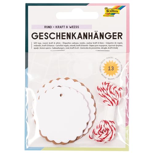 folia 12001 - Geschenkanhänger Classic rund, natur & weiß, 12 Stück, inklusive 2 m Schnur, zum individuellen Beschriften und Kennzeichnen der Geschenke von folia