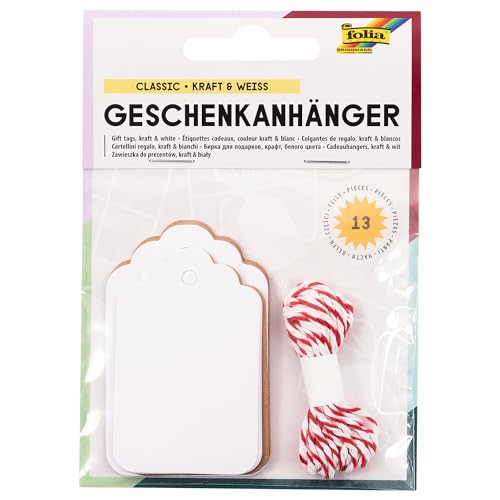 folia 12002 - Geschenkanhänger Classic lang, natur & weiß, 12 Stück, inklusive 2 m Schnur, zum individuellen Beschriften und Kennzeichnen der Geschenke von folia