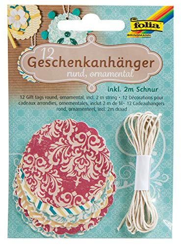 folia 12003 - Geschenkanhänger Classic rund, ornamental, 12 Stück, inklusive 2 m Schnur, zum individuellen Beschriften und Kennzeichnen der Geschenke von folia