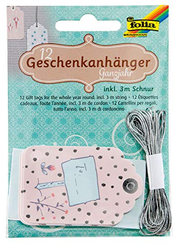 folia 12011 - Geschenkanhänger neutral, 12 Stück, inklusive 3 m Schnur, zum individuellen Beschriften und Kennzeichnen der Geschenke von folia