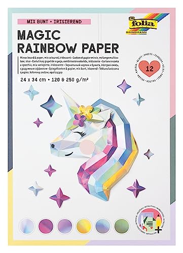 folia 12049 - MAGIC RAINBOW PAPER Block, 12 Blatt irisierendes Bastelpapier 24 x 34 cm, 120 & 250 g/m² von folia