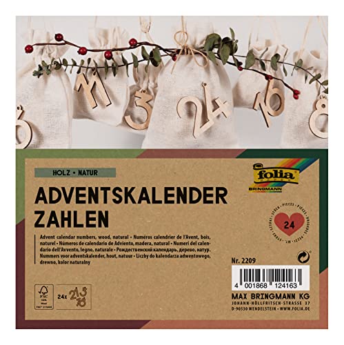 folia 2209 - Adventskalender Zahlen, Holz natur, 24 Zahlen aus Holz zum Aufhängen von folia