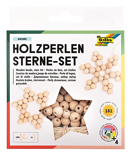 folia 22520 - Holz-Perlen Sterne Set "Nature", Bastelset mit 160 Holzkugeln und einer naturfarbenen Schnur zum Auffädeln, zum Basteln von Sternen und Anhängern von folia