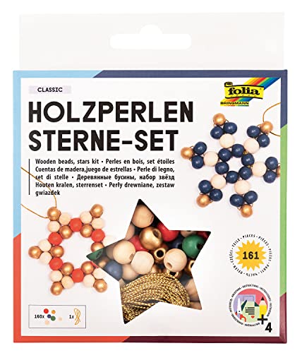 folia 22521 - Holz-Perlen Sterne Set "Classic", Bastelset mit 160 Holzkugeln und einer goldenen Schnur zum Auffädeln, zum Basteln von Sternen und Anhängern von folia