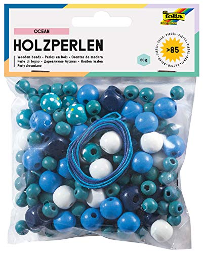 folia 22972 - Holzperlen, Ocean-Mix, blau/türkis, 60 g entspricht bis zu 85 Teilen, in verschiedenen Farben und Formen, zum Basteln von Ketten und Armbändern, inklusive 2 Schnüre je ca. 85 cm von folia