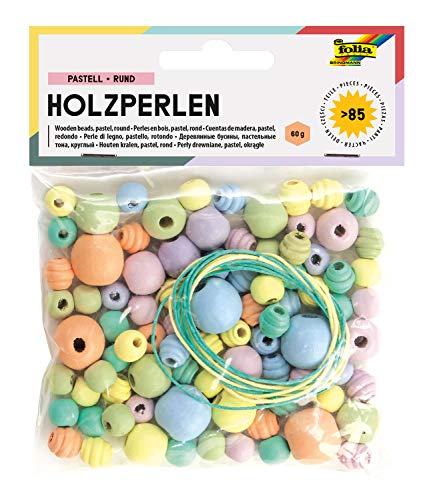 folia 22976 - Holzperlen, 84 Stück, in 6 verschiedenen Farben und 4 verschiedenen Größen, zum Basteln von Ketten und Armbändern, inklusive 2 Schnüre je ca. 85 cm, pastell von folia