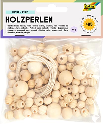 folia 22977 - Holzperlen, 84 Stück, in 4 verschiedenen Größen, zum Basteln von Ketten und Armbändern, inklusive 2 Schnüre je ca. 85 cm, natur von folia