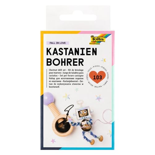 folia 23007 - Kastanienbohrer Bastelset FALL IN LOVE mit Haltevorrichtung aus Holz, 2 und 3 mm Bohrer aus Metall, Set für Kinder und Erwachsene, inkl. 100 Zahnstochern von folia