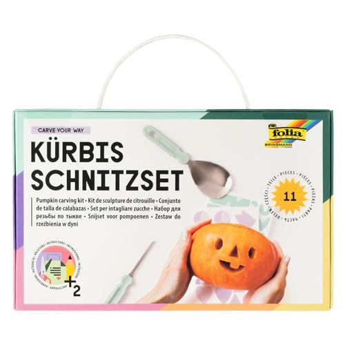 folia 23008 - Kürbisschnitzset CARVE YOUR WAY aus Metall, mit 4 Werkzeugen zum Schnitzen, Set für Kinder und Erwachsene, inkl. Schablonen und Stickern von folia