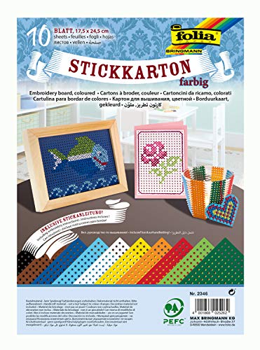 folia 2346 - Stickkarton, 17,5 x 24,5 cm, 10 Blatt, farbig sortiert, unbedruckt mit Stickanleitung - ideal für erste Stickübungen für Kinder von folia