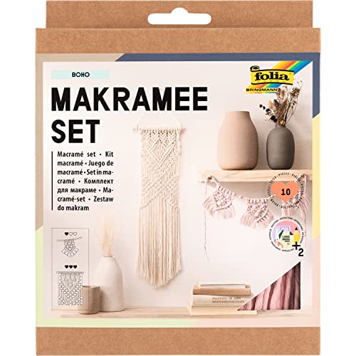 folia 23719 - Makramee Set Boho, 10-teilig, Garn (natur beige), Garn (rose), Holzstab, Holzperlen, 100 % Baumwolle, mit Anleitung, zum Basteln und Knüpfen von folia