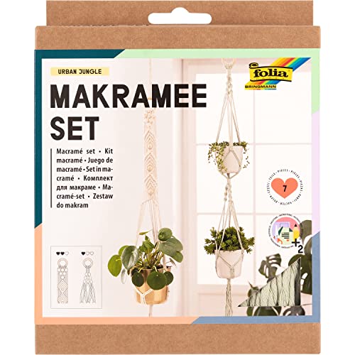 folia 23729 - Makramee Set Urban Jungle, 7-teilig, Garn (natur beige), Garn (pastellgrün), Holzperlen, Holzringe, 100 % Baumwolle, mit Anleitung, zum Basteln und Knüpfen von folia