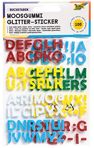 folia 23796 - Moosgummi Glitter Sticker, Buchstaben, sortiert in rot, weiß, grün, gelb und türkis, verschiedene Motive, 100 Stück - Ideal zum Verzieren und Dekorieren von Grußkarten, Schultüten usw. von folia