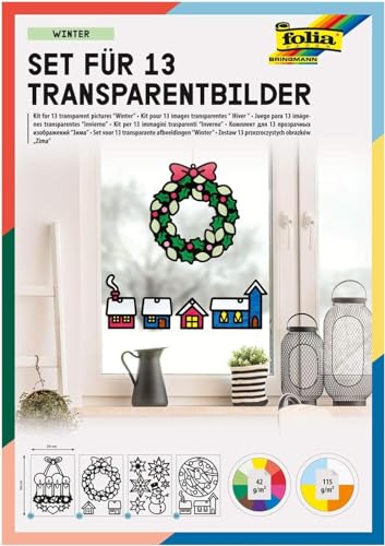 folia 23822 - Transparent - Bilder, im Winter Design, Set für 13 Transparentbilder, zum Basteln von farbenfrohen Fensterbildern und Anhängern für Bäume und Sträucher von folia