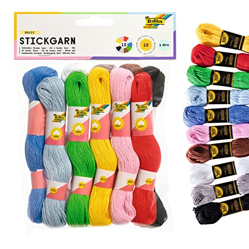 folia 23992 - Stickgarn, 100 % Baumwolle, 10 Docken à 40 m in 10 Farben sortiert, zum Sticken, Knüpfen und Basteln von folia