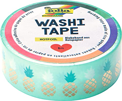 folia 26110 - Washi Tape, Klebeband aus Reispapier, Hotfoil gold Ananas, 1 Rolle ca. 5 m x 15 mm - ideal zum Verzieren und Dekorieren von folia