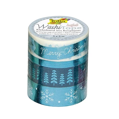 folia 26434 - Washi Tape, Klebeband aus Reispapier, Hotfoil eisblau, 4er Set - ideal zum Verzieren und Dekorieren von folia