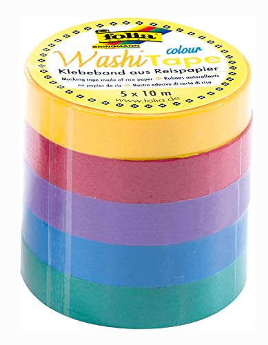 folia 26438 - Washi Tape, Klebeband aus Reispapier, Uni Basic, 5er Set, 10 m x 10 mm - ideal zum Verzieren und Dekorieren von folia