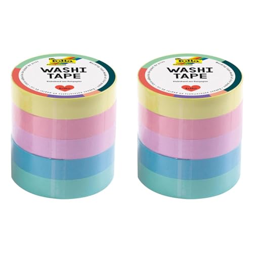 folia 26439 - Washi Tape, Klebeband aus Reispapier, Pastell, 5er Set, 10 m x 10 mm - ideal zum Verzieren und Dekorieren (Packung mit 2) von folia