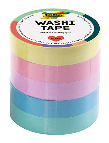 folia 26439 - Washi Tape, Klebeband aus Reispapier, Pastell, 5er Set, 10 m x 10 mm - ideal zum Verzieren und Dekorieren von folia