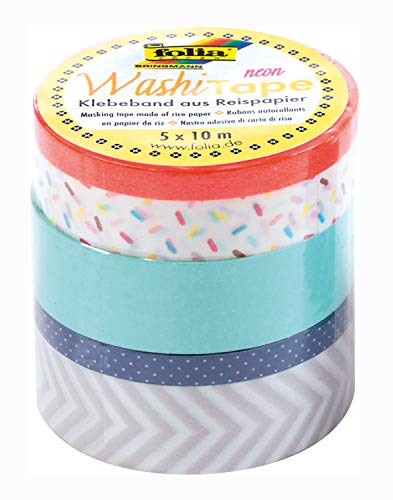 folia 26440 - Washi Tape, Neon orange, Klebeband aus Reispapier, 5er Set - ideal zum Verzieren und Dekorieren von folia