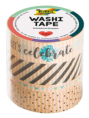 folia 26447 - Washi-Tape, Klebeband aus Reispapier, 4er Set Kraftpapier "Let's celebrate", 3 Rollen 10 m x 15 mm und 1 Rolle 10 m x 5 mm, ideal zum Verzieren und Dekorieren, für Scrapbooking von folia