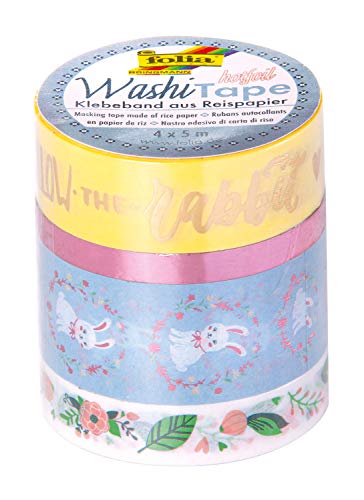 folia 26448 - Washi-Tape, Klebeband aus Reispapier, 4er Set "Follow the rabbit", mit Heißfolienveredelung, 4 Rollen mit 5 m Länge in unterschiedlichen Breiten, zum Verzieren und Dekorieren von folia