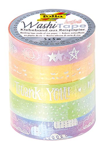 folia 26449 - Washi-Tape, Klebeband aus Reispapier, 5er Set "Hotfoil Rainbow", mit Heißfolienveredelung, 5 Rollen ca. 5 m x 10 mm, zum Verzieren und Dekorieren, für Scrapbooking von folia