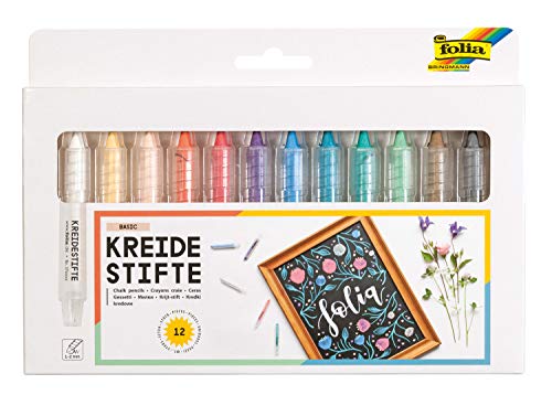 folia 371209 - Kreidestifte Set Basic, 12 Kreidemarker sortiert in 12 verschiedenen Farben, zum Malen auf Tafel, Glas, Papier und anderen glatten Oberflächen von folia