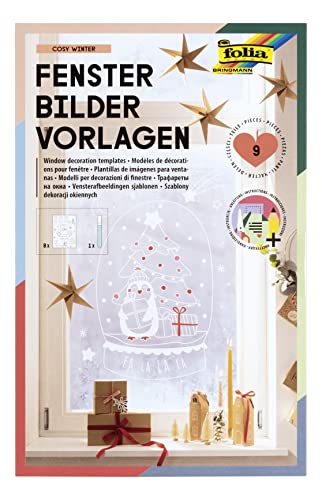 folia 39149 - Fensterbilder Set "Cosy Winter" mit 8 vorgedruckten Design-Vorlagen zum Thema Winter, Weihnachten und Herbst, inkl. 1 Kreidemarker in Weiß von folia