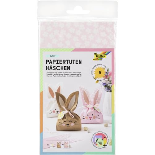 folia 41292 - Papiertüten Häschen, Bastelset für 3 einzigartige Papierhasen, je 9 Tüten in Weiß, Braun und Rosa, inkl. Kordel von folia